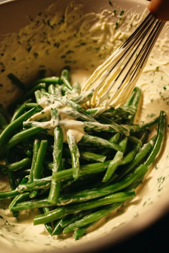 Easy Green Bean Casserole – Creamy, Crunchy, and Family-Friendly 5 Mixing green beans with creamy sauce