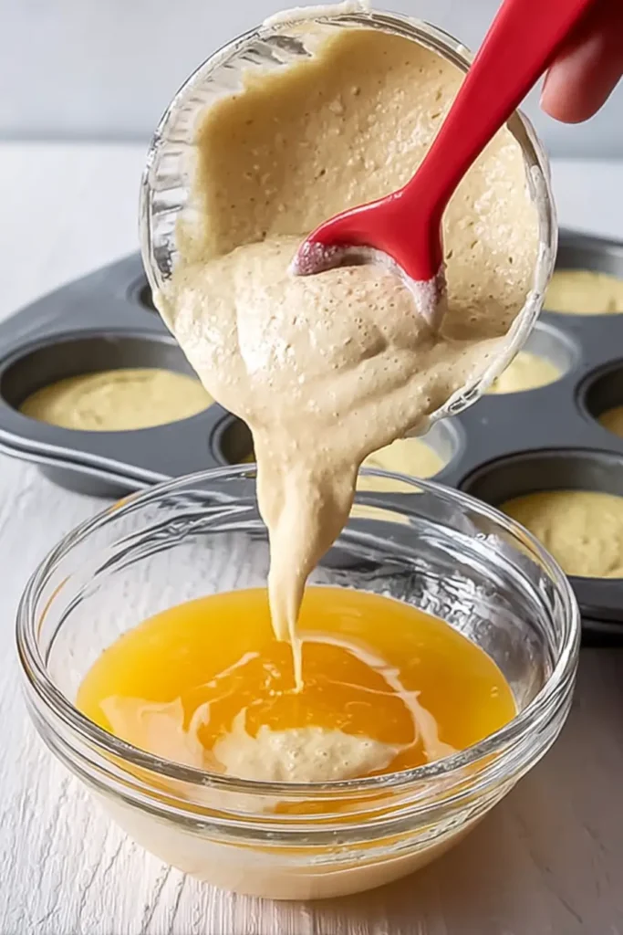 Batter being poured into a mini muffin pan for Easy Pancake Poppers