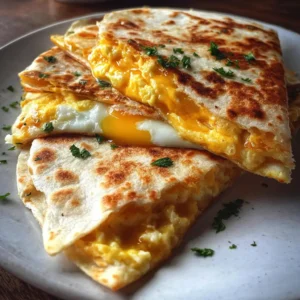 Fried Egg Quesadilla sliced and served on a plate