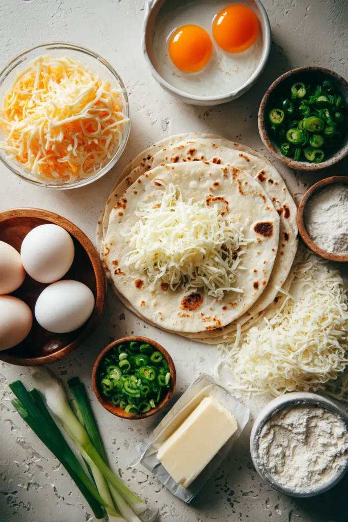 Ingredients for a Fried Egg Quesadilla laid out