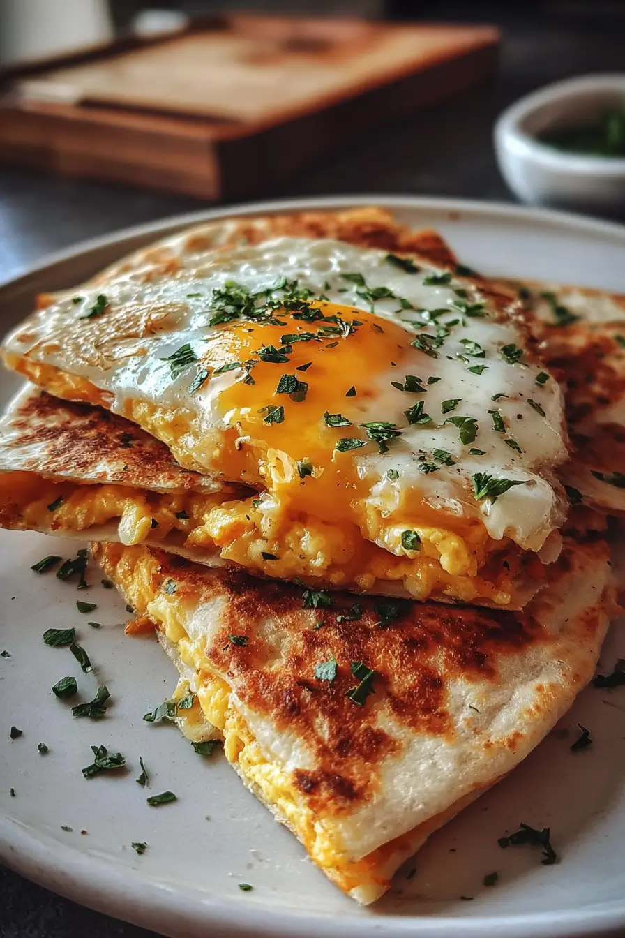 Fried Egg Quesadilla wedges served with garnish