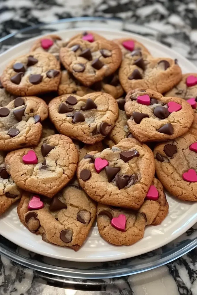 Freshly baked heart shaped chocolate chip cookies on a plate