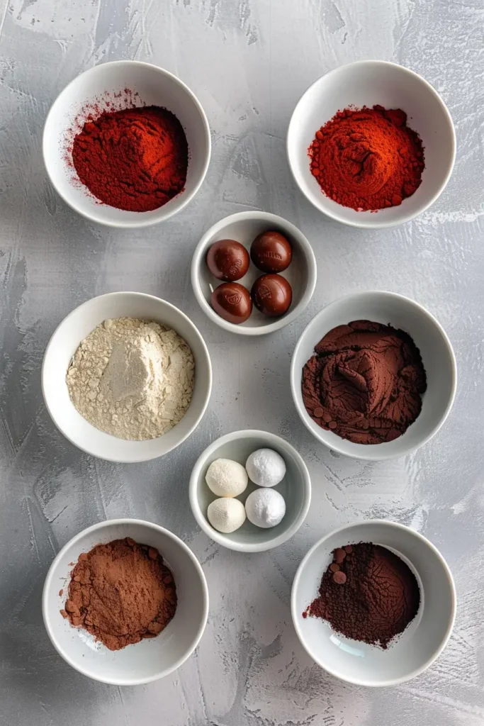 Ingredients for Hershey’s red velvet blossoms cookies in bowls