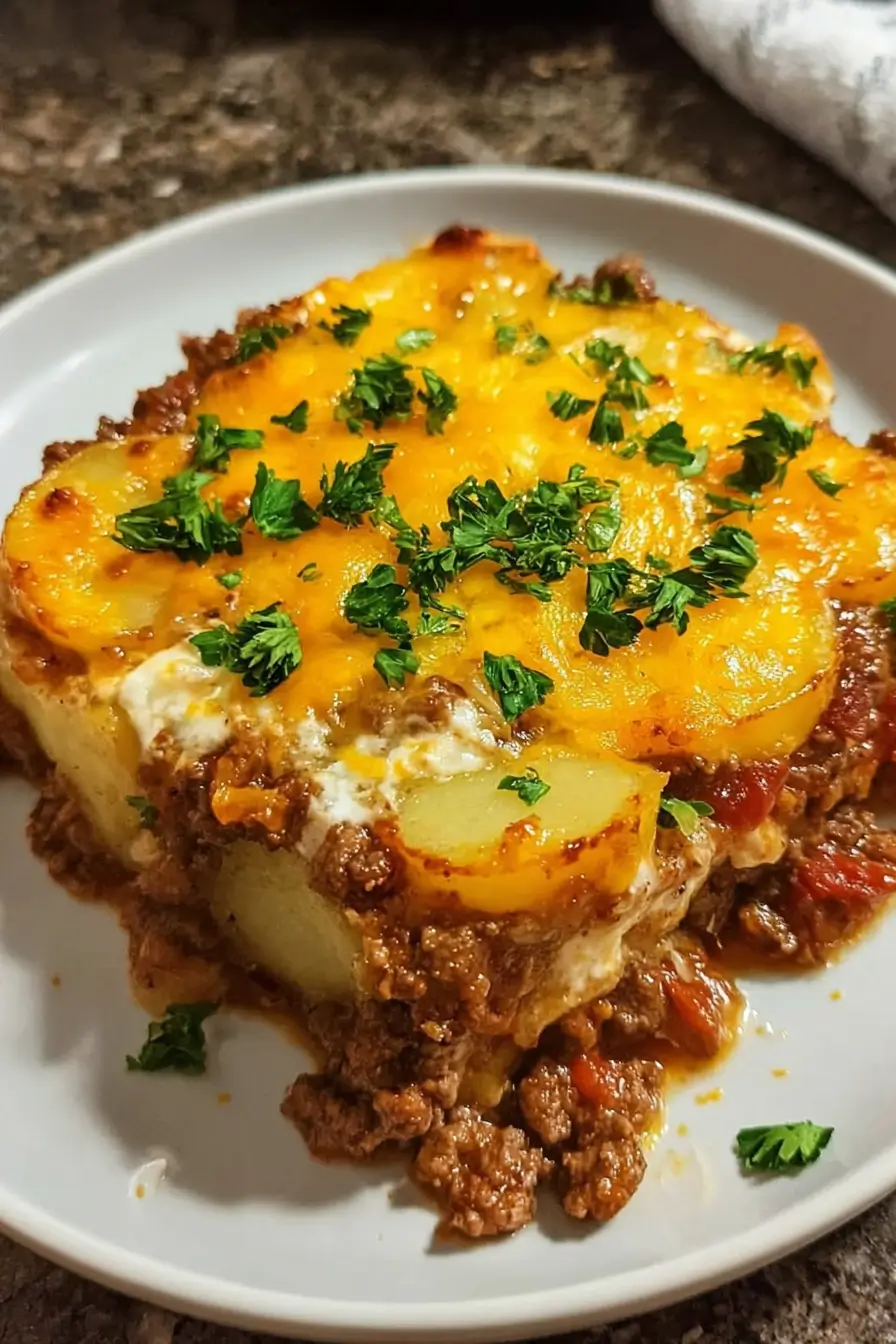 Serving Hobo Casserole Ground Beef Recipe on a plate