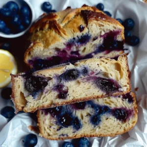 Lemon blueberry sourdough bread loaf with blueberries and lemon zest.