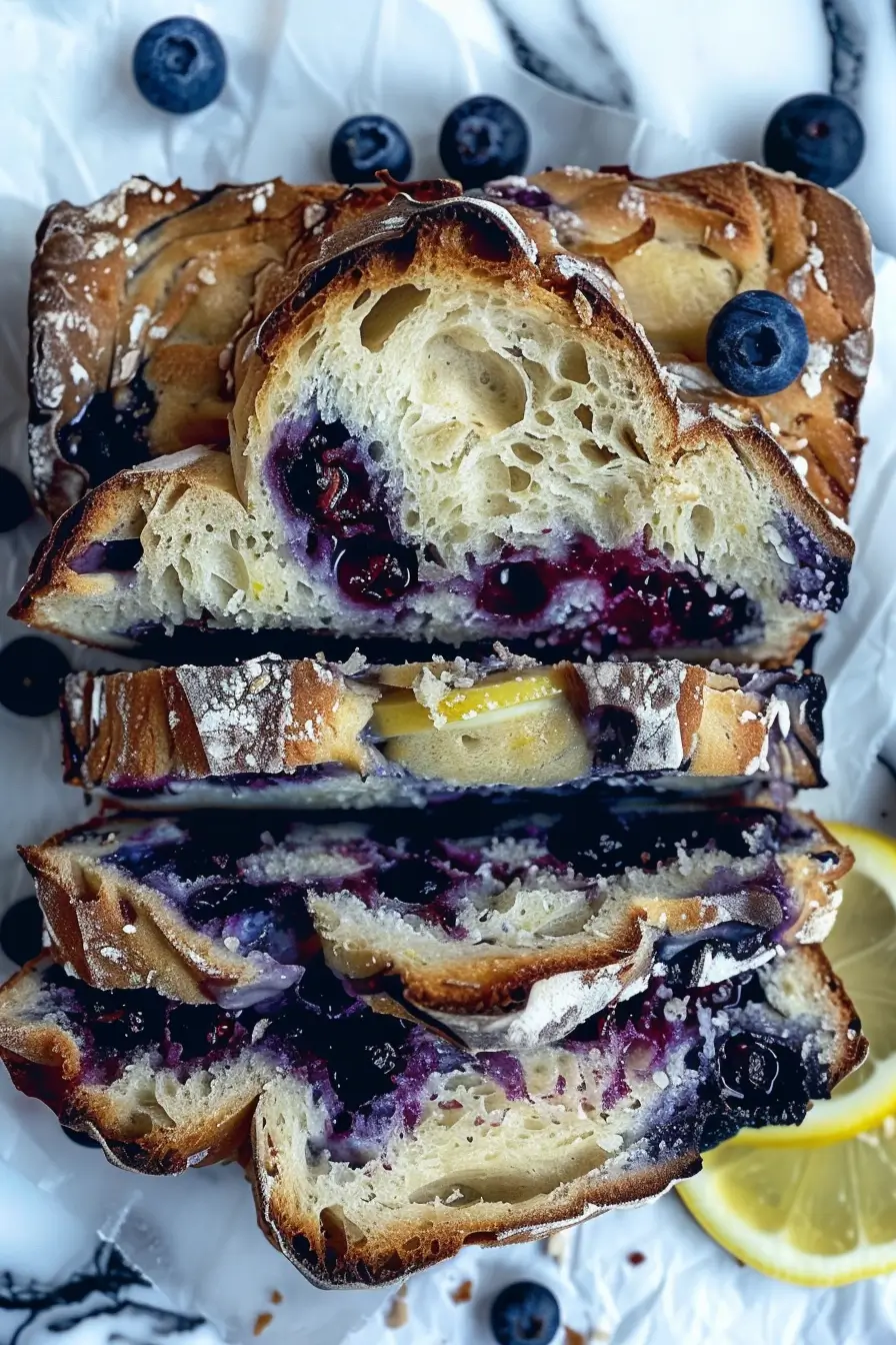 Sliced lemon blueberry sourdough bread showing an airy crumb filled with blueberries and hints of lemon zest.