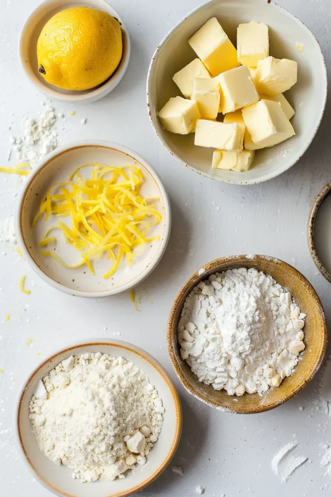 Lemon Cream Snowball Cookies – Tangy & Buttery Delight 5 Lemon cream snowball cookie ingredients prepared for baking