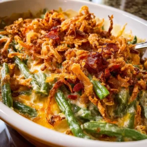 Loaded green bean casserole with melted cheese and crispy onions