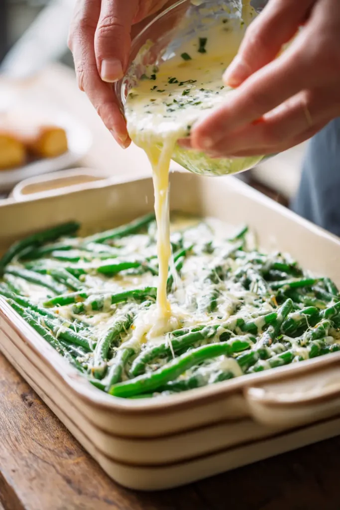Loaded Green Bean Casserole Recipe Everyone Will Love 5 Mixing green beans with cheese sauce