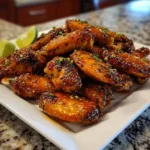 Mango Habanero Chicken Wings Recipe – Sweet and Spicy Wings 6 Mango Habanero Chicken Wings on a plate, sticky glaze and garnished with cilantro