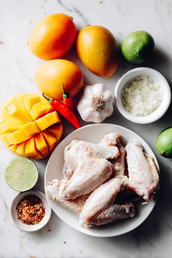 Mango Habanero Chicken Wings Recipe – Sweet and Spicy Wings 5 Ingredients for Mango Habanero Chicken Wings on a counter