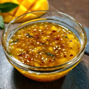 Homemade mango habanero honey garlic sauce in a glass jar