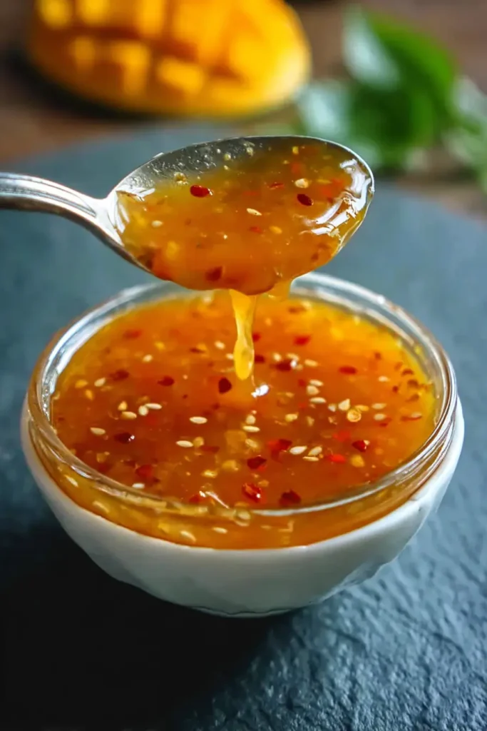 Mango Habanero Honey Garlic Sauce Recipe 3 Sweet and spicy mango habanero honey garlic sauce served in a bowl