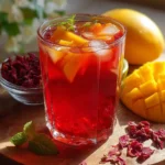 Mango Hibiscus Tea Healthy Food Recipe : Refreshing Drink 6 Fresh Mango Hibiscus Tea healthy food served in a clear glass with ice and mint