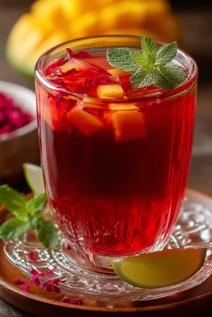Mango Hibiscus Tea Healthy Food Recipe : Refreshing Drink 4 Chilled Mango Hibiscus Tea healthy food in a glass pitcher with ice