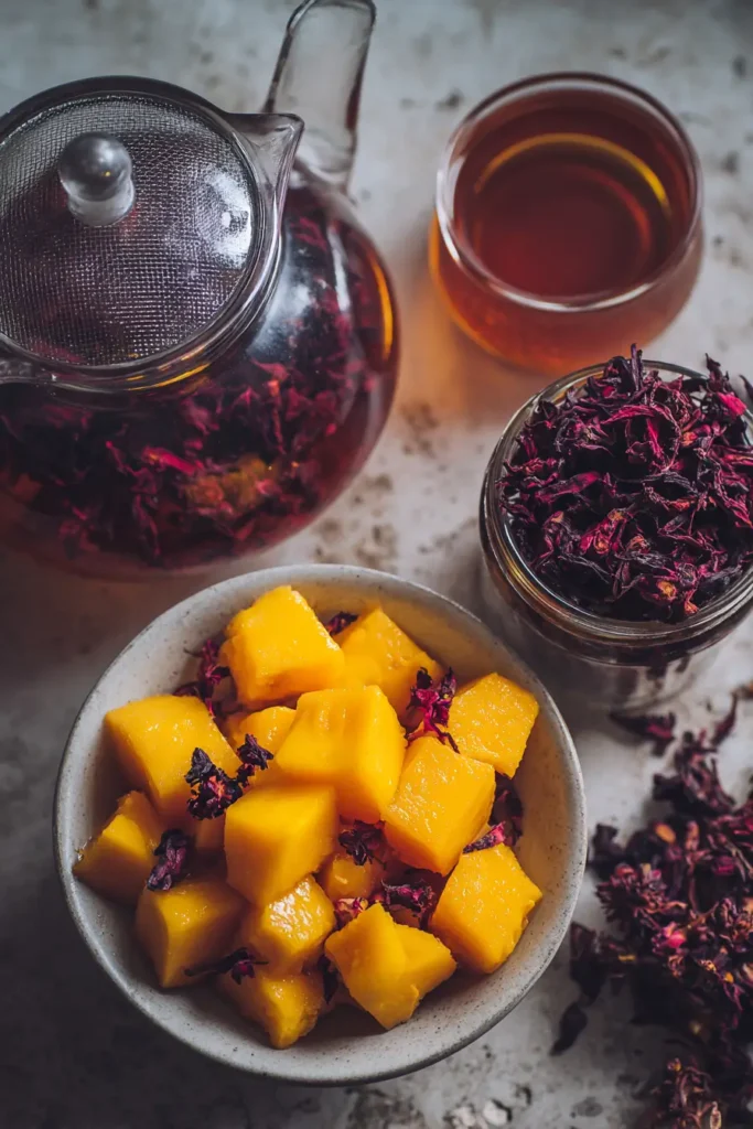 Mango Hibiscus Tea Healthy Food Recipe : Refreshing Drink 5 Ingredients for Mango Hibiscus Tea healthy food on a wooden counter