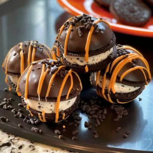 Chocolate-covered OREO Cookie Ball Basketballs on a plate