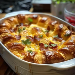 Overnight croissant breakfast casserole fresh from the oven