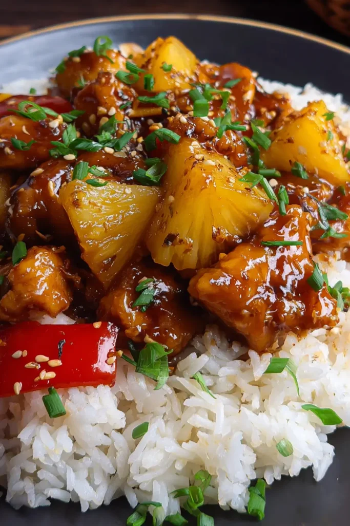 Pineapple Chicken with Rice – Sweet and Savory Family Dinner 6 Pineapple chicken with rice plated and ready to eat