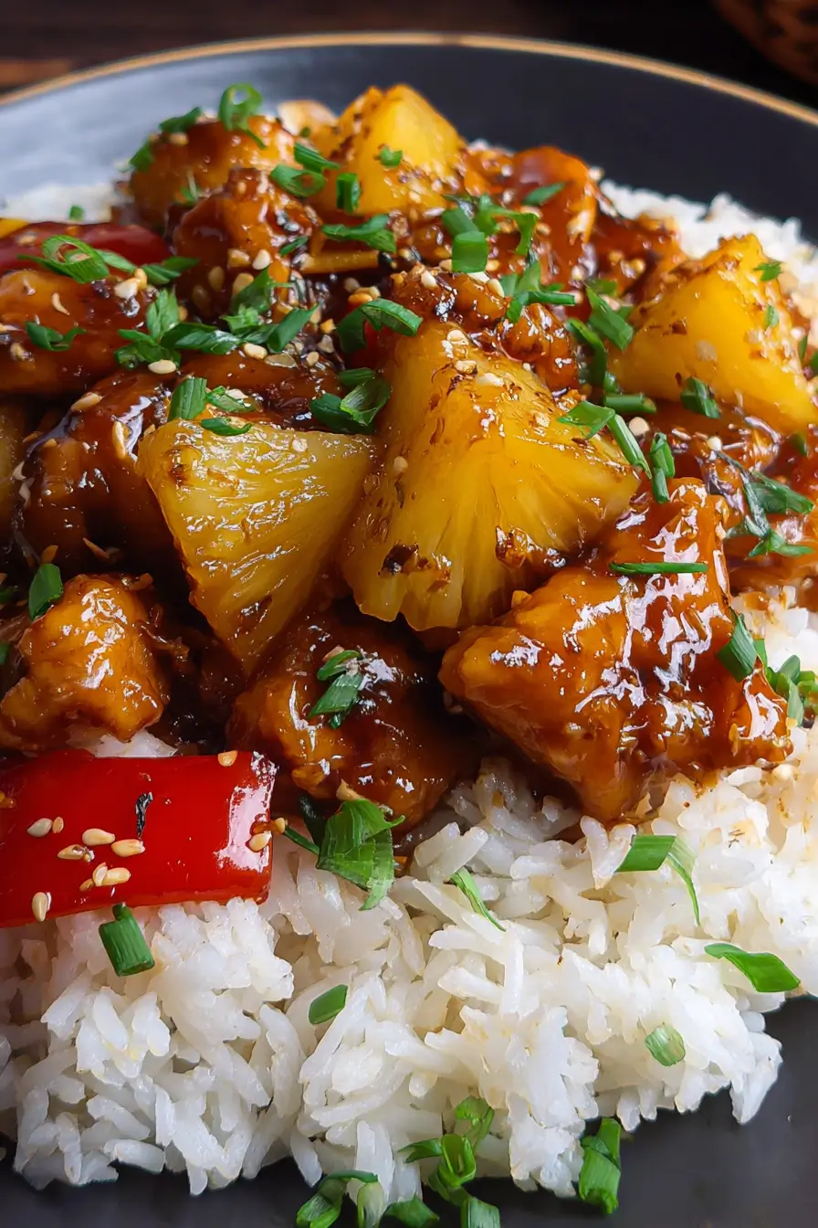Pineapple chicken with rice plated and ready to eat