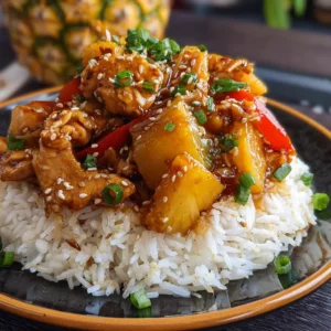 Pineapple chicken with rice served in a white plate