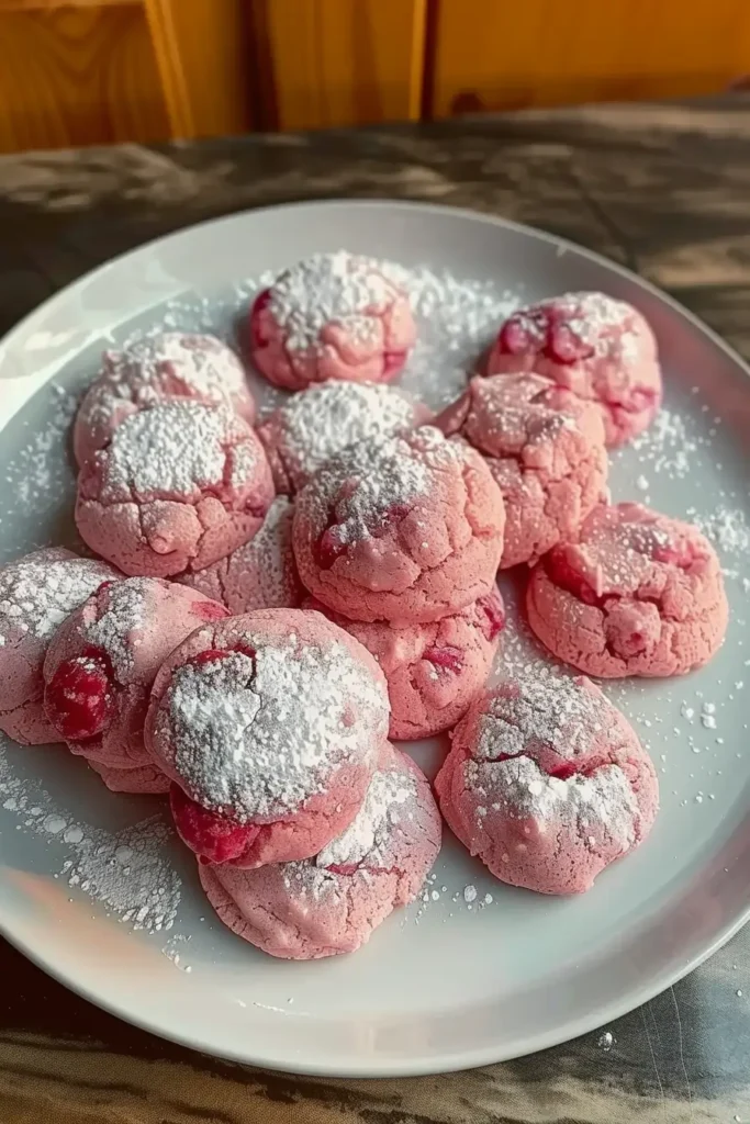 Pink Cherry Cookies Recipe – Soft, Chewy & Sweet Treats 5 Served pink cherry cookies on a plate with powdered sugar and white chocolate drizzle