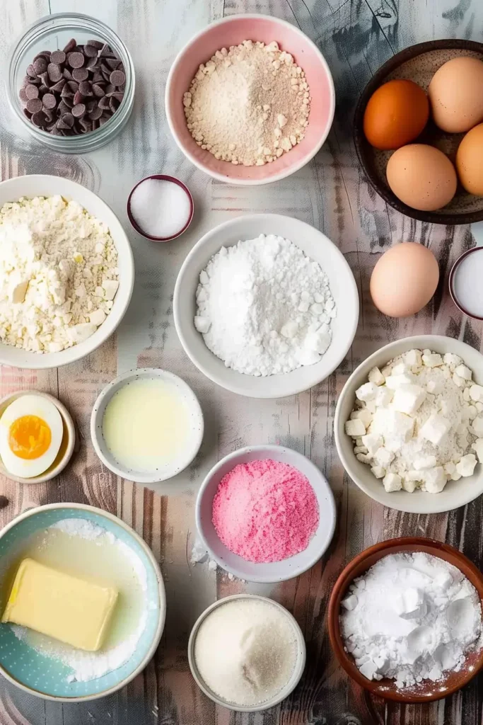 Ingredients for Pink Coconut Snowball Cake Bars including flour, sugar, eggs, butter, and shredded coconut