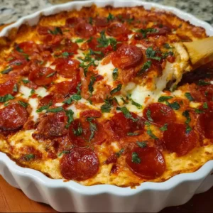Creamy baked pizza dip topped with melted cheese and pepperoni