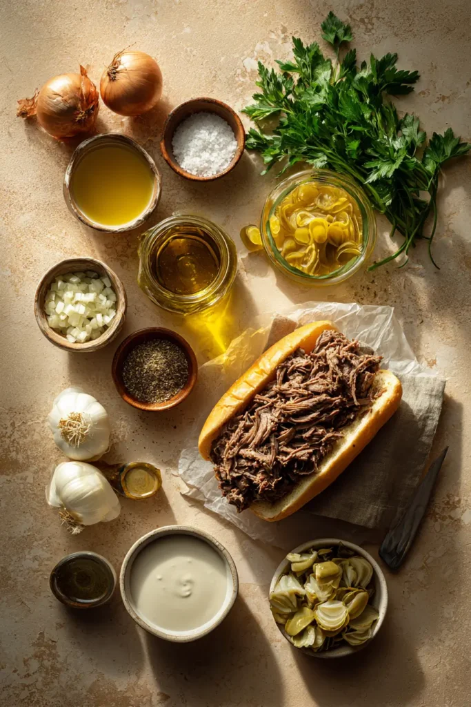 Pulled Beef Sandwich: Easy, Flavorful, and Family-Friendly Comfort Meal 5 Ingredients for pulled beef sandwich laid out