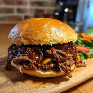 Pulled beef sandwich on a soft toasted bun