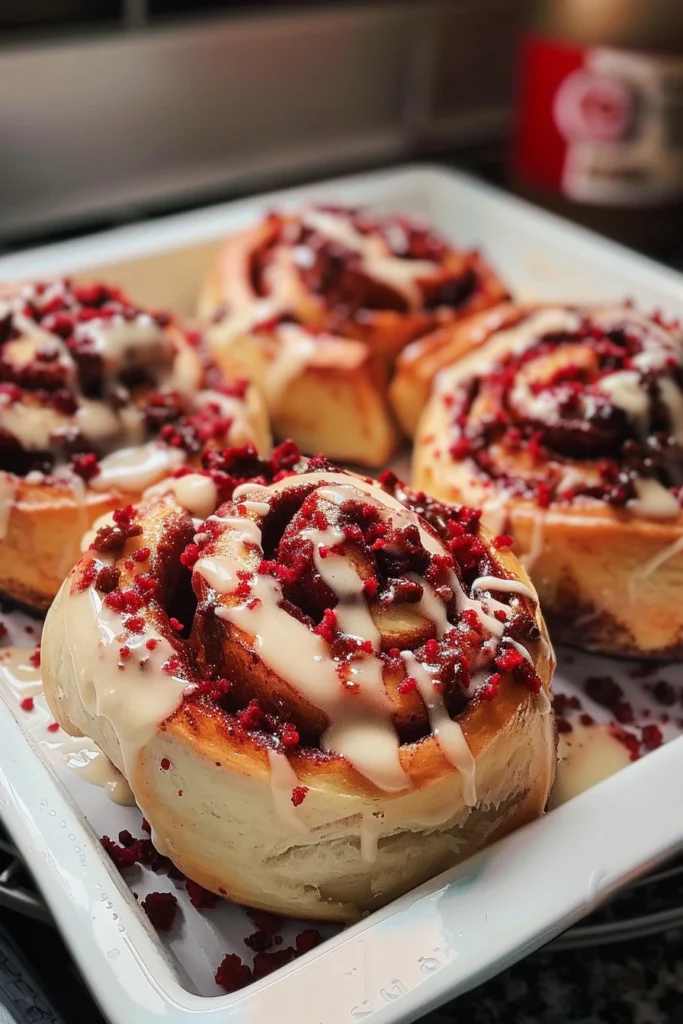 Red Velvet Cinnamon Rolls fresh baked with cream cheese frosting