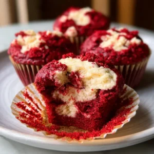 Freshly baked Red Velvet Cream Cheese Muffins on a wire rack
