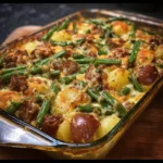 Baked Sausage Green Bean Potato Casserole in a casserole dish