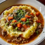 Shepherd’s Pie Soup with Mashed Potatoes in a bowl