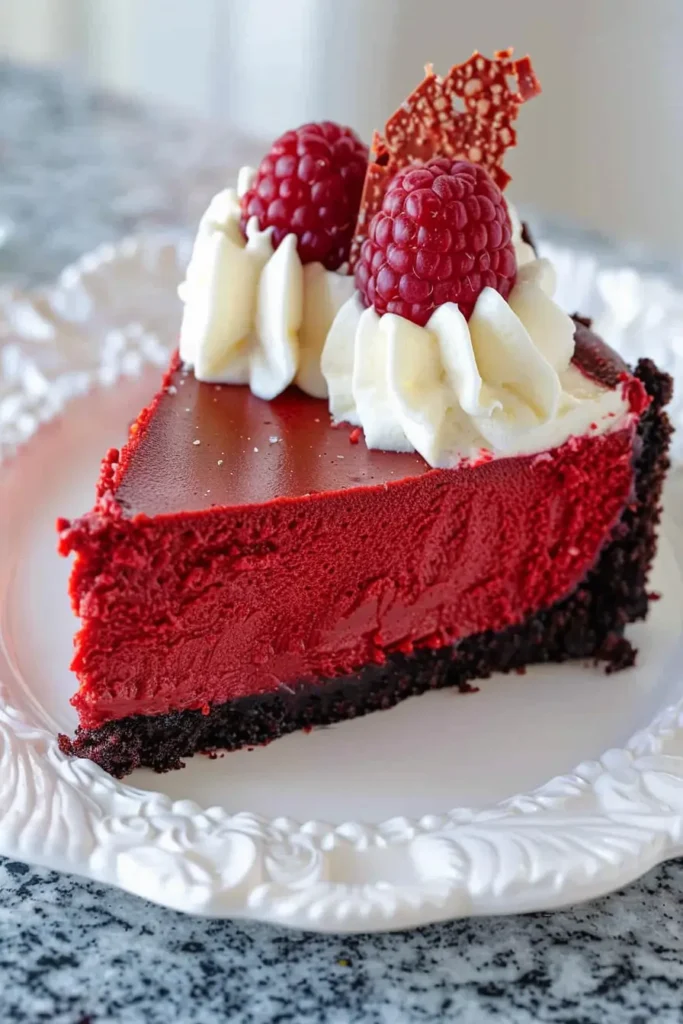 Smooth and Creamy Red Velvet Cheesecake Made Easy at Home 3 Slice of Smooth and Creamy Red Velvet Cheesecake served on a plate