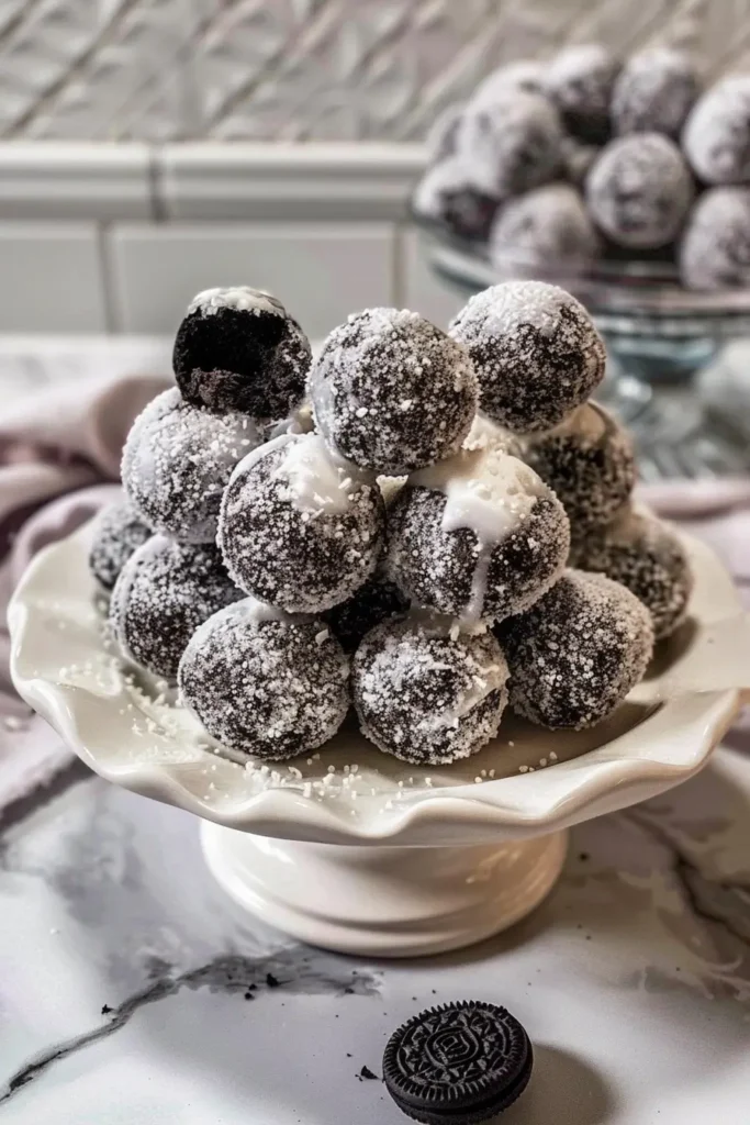 Snowball Oreo Cookie Balls Easy No-Bake Dessert 4 Snowball Oreo Cookie Balls served on dessert platter