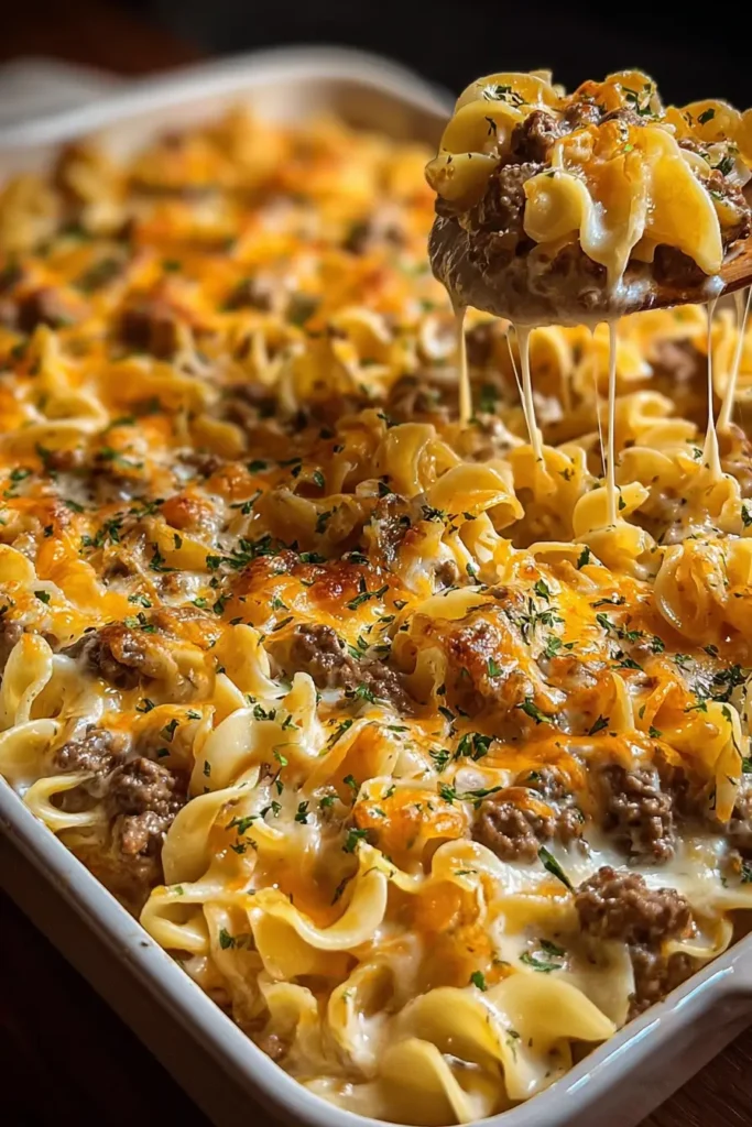 Sour Cream Beef Noodle Casserole – Creamy Comfort Food 4 Serving a portion of Sour Cream Beef Noodle Casserole onto a plate