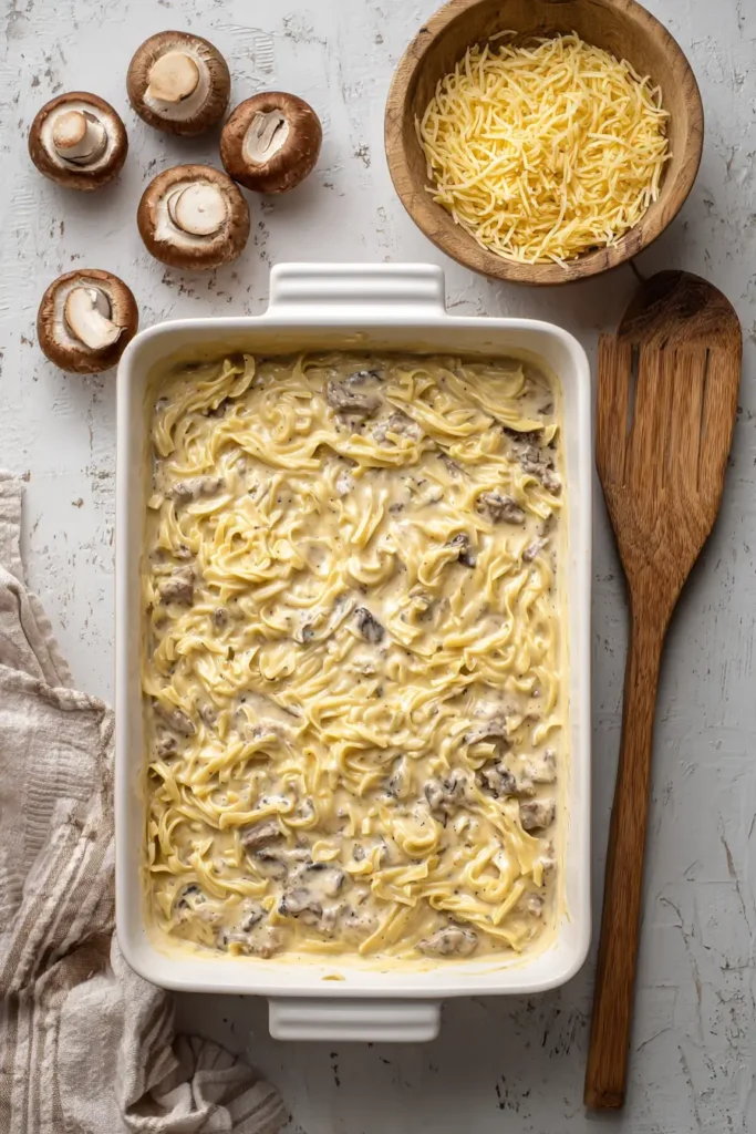 Sour Cream Beef Noodle Casserole – Creamy Comfort Food 5 Preparing Sour Cream Beef Noodle Casserole in a baking dish