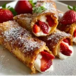 Strawberry French Toast Roll Ups – Sweet, Easy, and Delicious 6 Strawberry French Toast Roll Ups on a white plate, golden and delicious