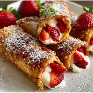 Strawberry French Toast Roll Ups on a white plate, golden and delicious