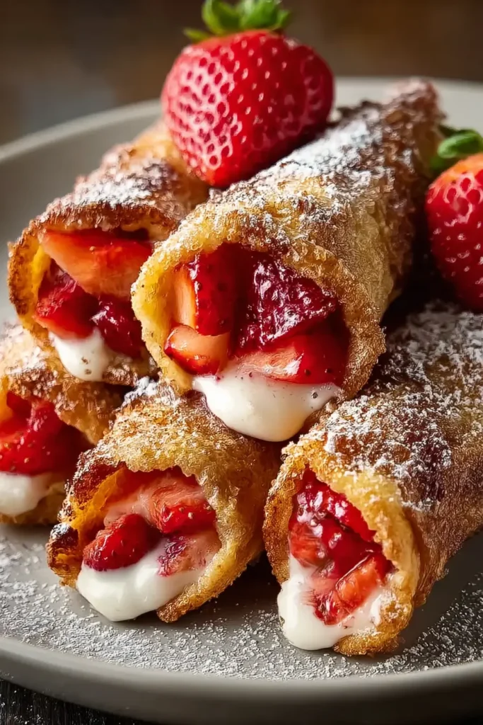 Strawberry French Toast Roll Ups – Sweet, Easy, and Delicious 4 Strawberry French Toast Roll Ups served with powdered sugar and syrup
