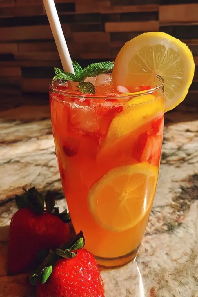 Strawberry Mango Lemonade Recipe – Refreshing Summer Drink 3 Strawberry mango lemonade in a pitcher with lemon slices