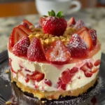 Strawberry Shortcake Cheesecake topped with fresh strawberries