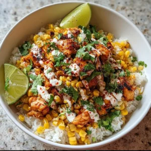 Street Corn Chicken Rice Bowl with creamy corn, seasoned chicken, and fluffy rice