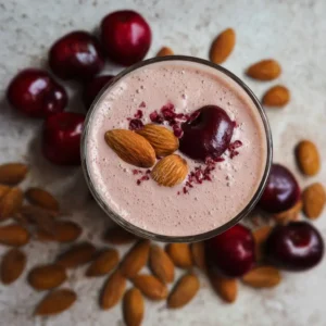 Sweet Cherry Almond Flaxseed Smoothie in a tall glass