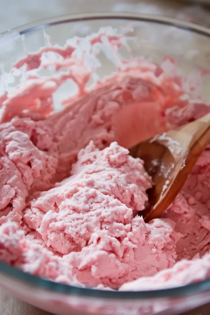 Mixing strawberry cookie dough with freeze-dried strawberry powder