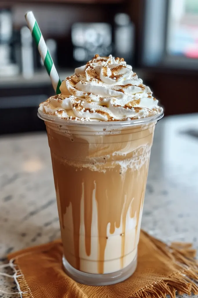 Vanilla Bean Frappuccino served in a glass with straw and whipped cream