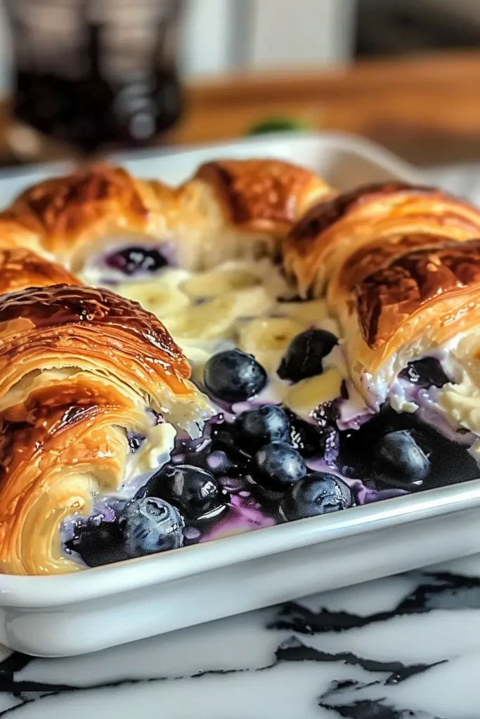 Served slice of blueberry cream cheese croissant casserole