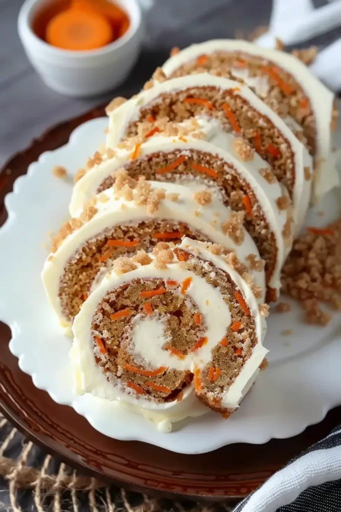 Sliced Easter Dessert Carrot Cake Roll on platter