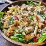 Chicken Caesar Pasta Salad with creamy dressing and fresh ingredients